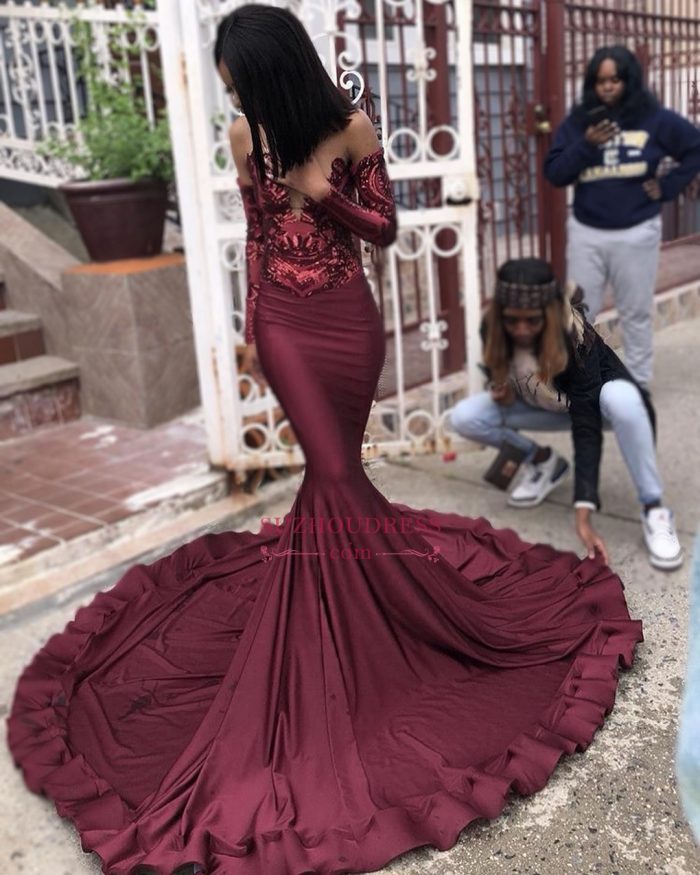 2019 Burgundy Long Sleeves Mermaid Prom Dresses | Cheap Sequins Evening Dresses Online BC1250_Pr ...