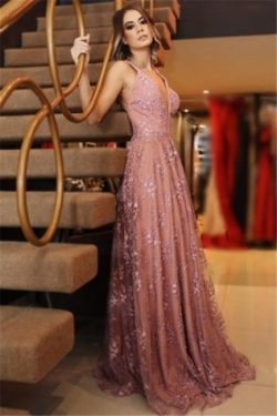 Elegant Pink Lace Appliques Sexy V-Neck Prom Dresses Backless Sleeveless Evening Dresses | www.2 ...