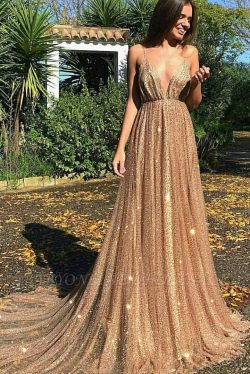Glamorous Sequins A-Line Long Prom Gowns | 2019 Spaghetti Straps V-Neck Evening Dress | www.baby ...