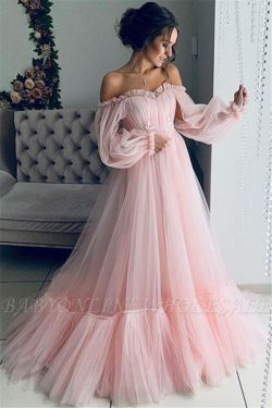 Gorgeous Off-The-Shoulder Long-Sleeves Sheer-Tulle A-Line Prom Dress | www.babyonlinewholesale.com