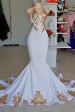 Halter Sexy Low Cut Summer Sleeveless Gold Appliques Prom Dress | Suzhou UK Online Shop | Suzhou ...