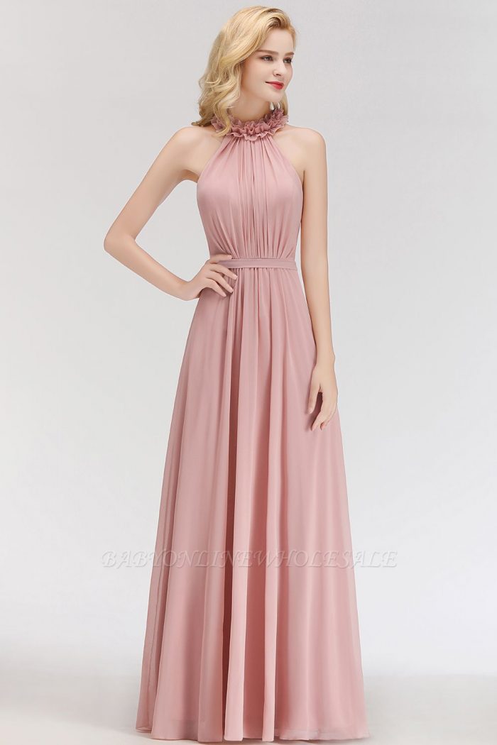 MARGUERITE | A-line Floor Length Halter Sleeveless Ruffled Chiffon Bridesmaid Dresses