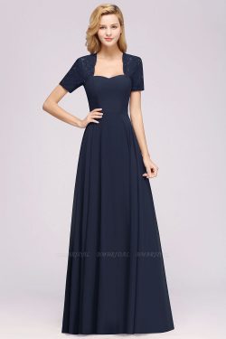 A-Line Chiffon Square Short Sleeves Bridesmaid Dress with Ruffle | BmBridal