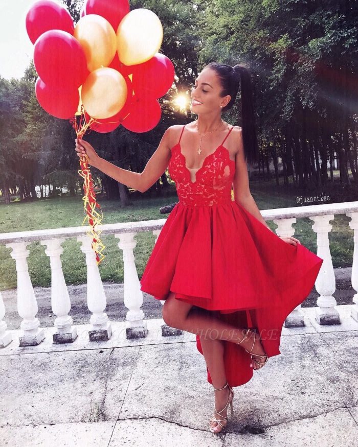 Cute Red High-low A-line Lace V-neck Homecoming Dress BA6902 | www.babyonlinewholesale.com