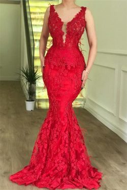 Elegante Abendkleider Lang Rot | Spitze Abendmoden Abiballkleider