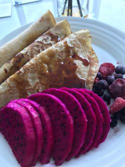 Pan cake with dragon fruits and berries