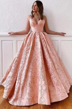 Luxus Abendkleid lang Rosa | Abiballkleider V Ausschnitt Online