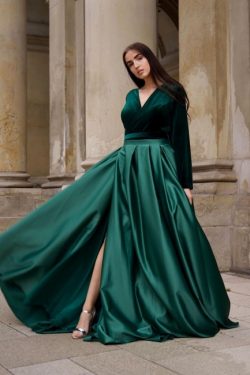 Grünes Abendkleid Lang V Ausschnitt | Abiballkleider mit Ärmel