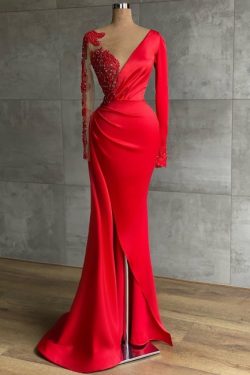 Rotes Abendkleid Lang | Abiballkleider mit Ärmel