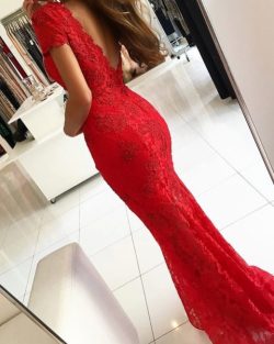 Rotes Abendkleid Lang V Ausschnitt | Abiballkleider Spitze