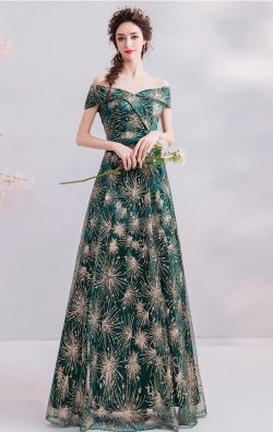 A line Off Shoulder Green Formal Dresses,Elegant Long Evening Gowns