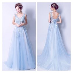 Blue Formal Dresses,Light Blue V Neck Evening Gowns for Women