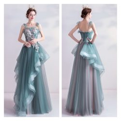 Straps Green Formal Gowns High Low Women Evening Gowns Lace Up Design
