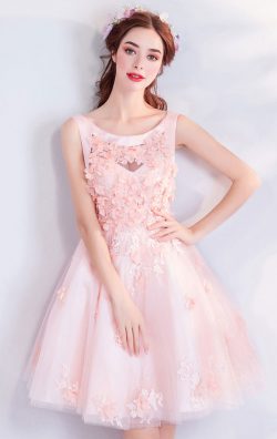 Round Neck Pink Organza Prom Dress Online UK