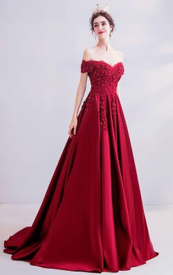Off the Shoulder Red Floor Length Satin Formal for Pear Body Women Evening Gowns