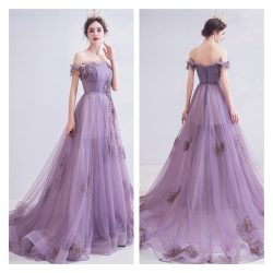 Off Shoulder Organza Formal Dress Floor Length Purple Women Formal Clothing