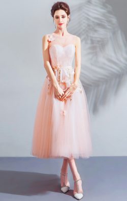 Formaldressau Pink A line Tea Length Bridesmaid Dress