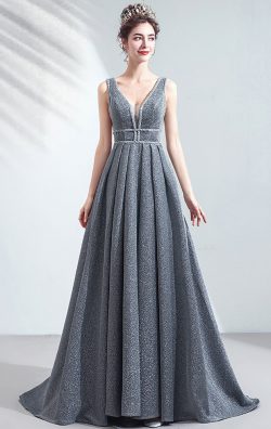 Formaldressau V Neck Grey Formal Dress Sleeveless A line Evening Gowns