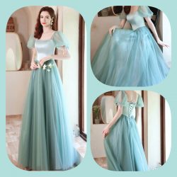 Square Neck Short Sleeve Organza Dress A line Evening Gowns