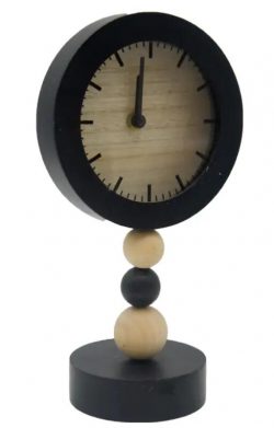 Black MDF round clock stringed with 3 wooden beads and end with round wooden base. Modern concis ...