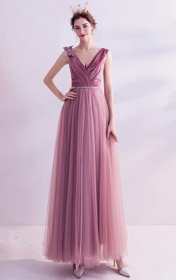 V Neck Peach Pink Floor Length Evening Dress in Australia