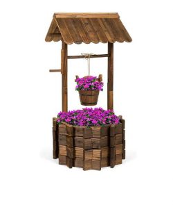 Rustic Wooden Wishing Well Planter Outdoor Home Decor for Patio, Garden, Yard w/ Hanging Bucket