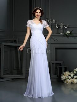 Abito da Sposa Lungo in Chiffon Naturale Tubino V-Scollo – Gillne.it