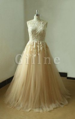 Abito da Sposa con Applique A-Line Naturale in Tulle A Terra – Gillne.it