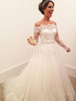 Abito da sposa con maniche lunghe giunonico oscillare con ricamo spazzola treno a-line – G ...