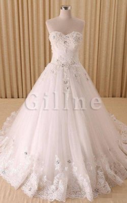 Abito da Sposa con Paillette Cuore in Pizzo in Chiffon Coda A Strascico Corto – Gillne.it