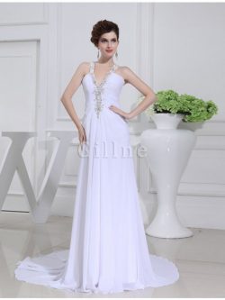 Abito da Sposa con Perline A-Line in Chiffon V-Scollo Coda A Strascico Corto – Gillne.it