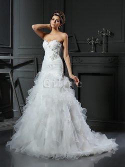 Abito da Sposa Cuore Sirena Lunghi Coda A Strascico Cappella in Organza – Gillne.it