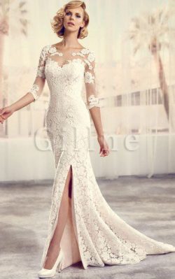 Abito da Sposa decorato con Maniche Lunghe Moderno con Bottone Coda A Strascico Corto – Gi ...