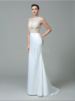 Abito da Sposa decorato in Raso Senza Maniche Naturale con Applique – Gillne.it