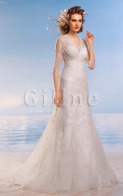 Abito da Sposa Elegante Sirena con Applique in Pizzo V-Scollo – Gillne.it