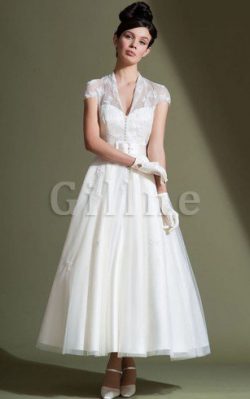 Abito da Sposa A-Line con Applique Cappellino con Nastro con Manica Corte – Gillne.it