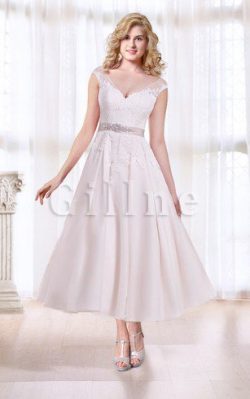 Abito da Sposa A-Line con Manica Corte con Fusciacca con Applique in Raso – Gillne.it