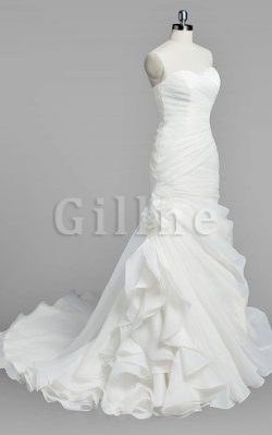 Abito da Sposa Allacciato con Increspature in Organza Coda A Strascico Corto Senza Spalline R ...