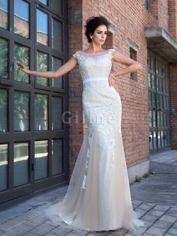 Abito da Sposa con Applique Alta Vita con Manica Corte Sirena Spazzola Treno – Gillne.it