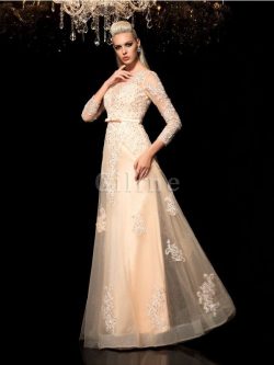 Abito da Sposa con Maniche Lunghe Lungo con Applique in Raso Cerniera – Gillne.it