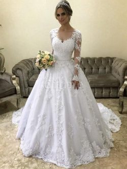 Abito da sposa in raso con applique suggestivo moda a terra radiosa – Gillne.it