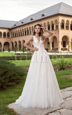 Abito da Sposa in Tulle con Applique Impero A Terra V-Scollo – Gillne.it