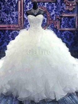 Abito da sposa moderno con cascata volant pudica lunghi in organza nobile – Gillne.it