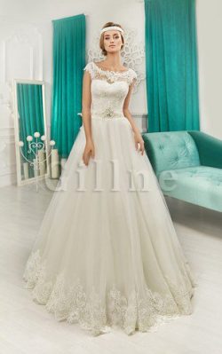 Abito da Sposa Naturale A-Line con Applique Cappellino Buco Della Serratura Schiena – Gill ...