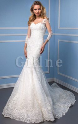 Abito da Sposa Pudica con Applique Coda A Strascico Cappella Sirena Lungo – Gillne.it