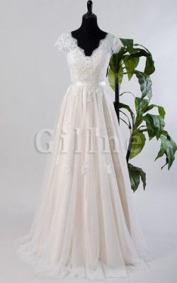 Abito da Sposa Vintage con Manica Corte in Tulle V-Scollo Cappellino – Gillne.it