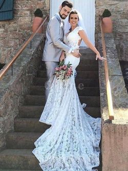 Abito da Sposa Cuore Sirena in Pizzo Naturale Senza Maniche – Gillne.it