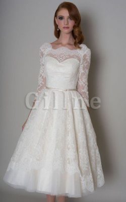 Abito da Sposa in Pizzo con Applique Sotto Ginocchio in Pizzo con Fiocco – Gillne.it