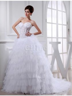 Abito da Sposa Radiosa con Perline Coda A Strascico Cappella Alta Vita in Organza – Gillne.it