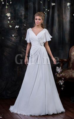 Abito da Sposa V-Scollo con Festone in Chiffon con Manica Corte Coda A Strascico Corto – G ...